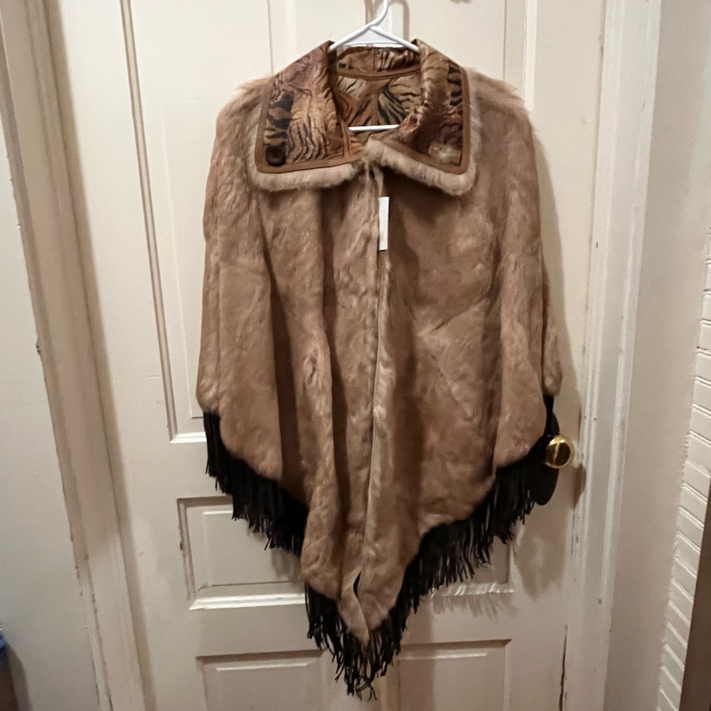 Real Rabbit Fur Cape with fringe and Leather interior